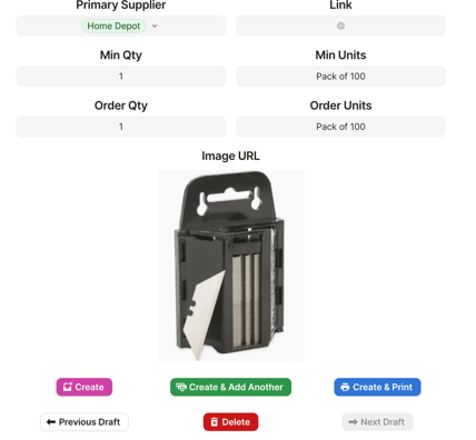 Order form with image of utility blade refill