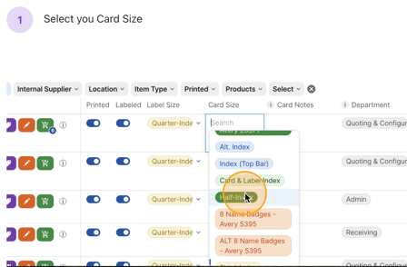 Screenshot of Card Size Selection Dropdown Menu