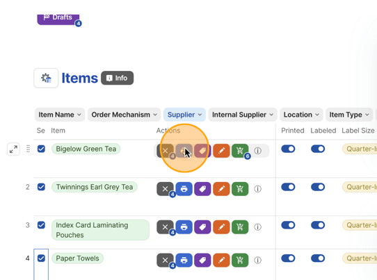 Screenshot of an Items Table Interface
