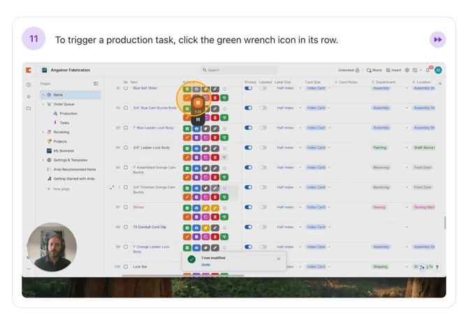 Step #11: To trigger a production task, click the green wrench icon in its row.