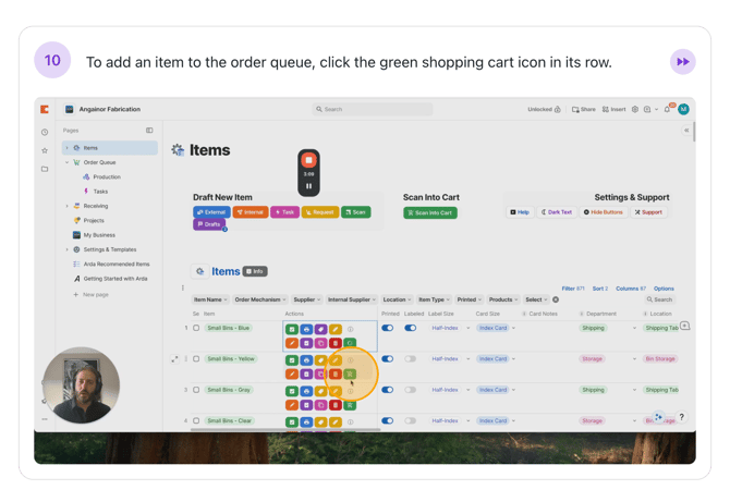 Step #10: To add an item to the order queue, click the green shopping cart icon in its row.
