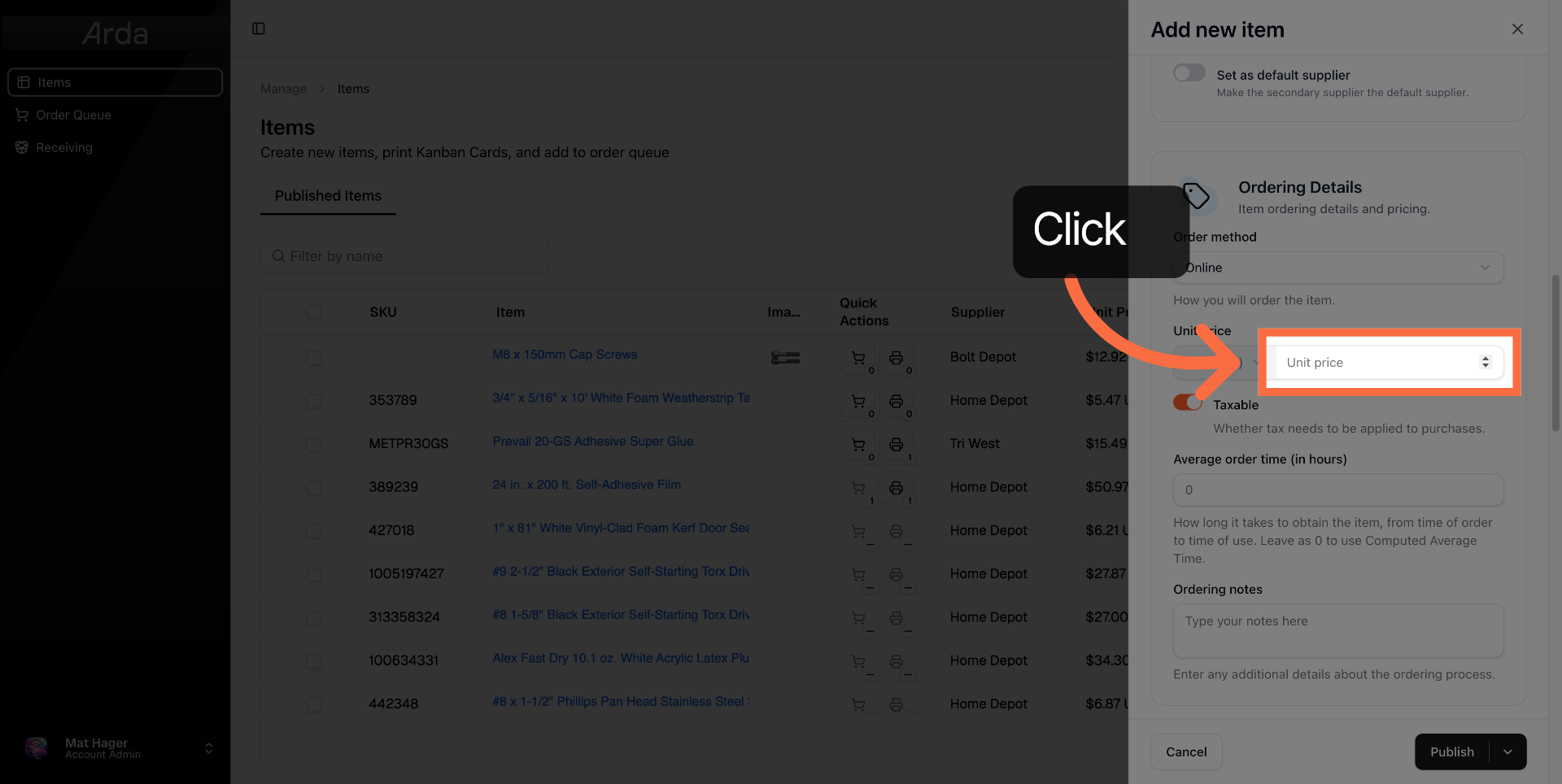 Select Unit Price Field