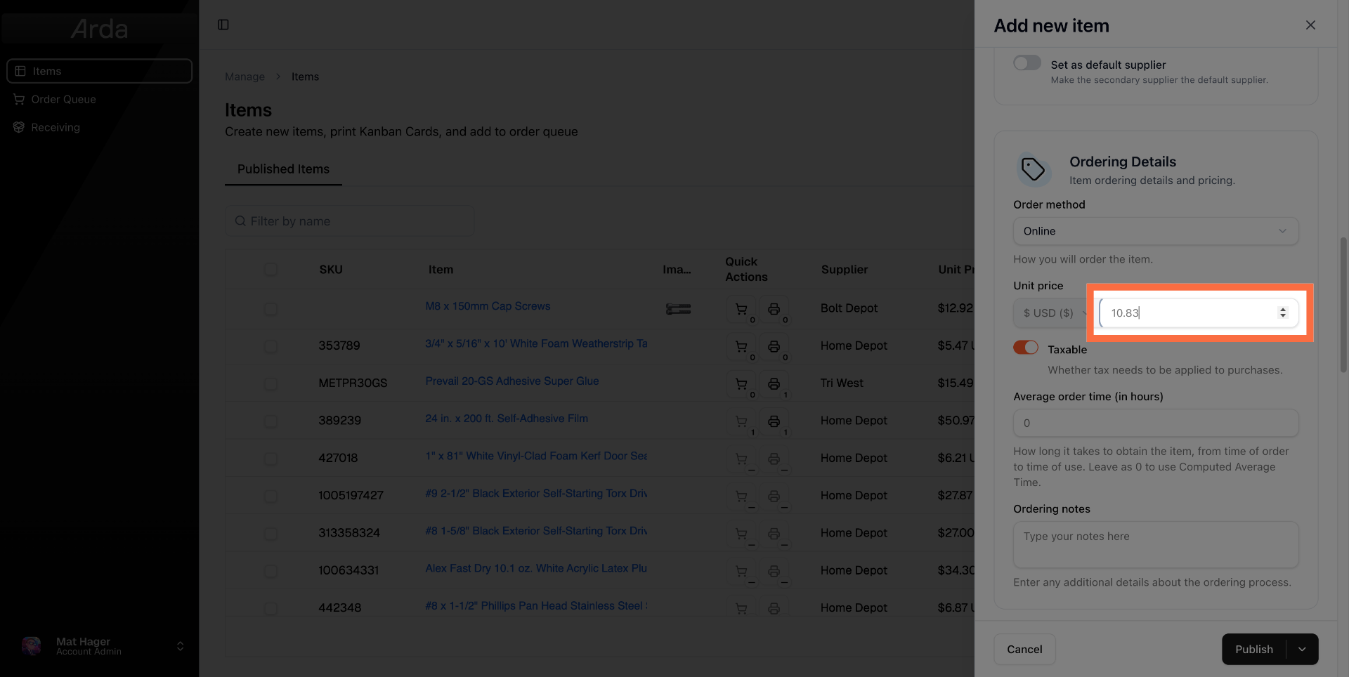 Enter Unit Price