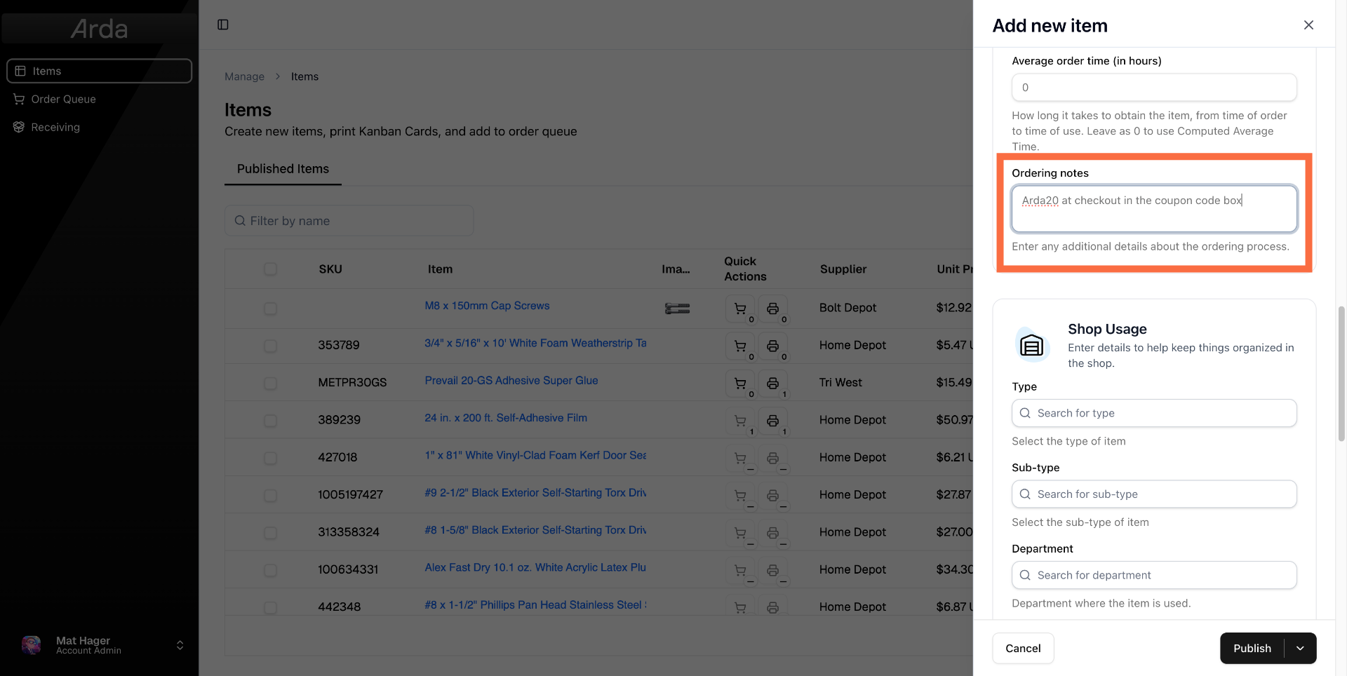 Enter Ordering notes