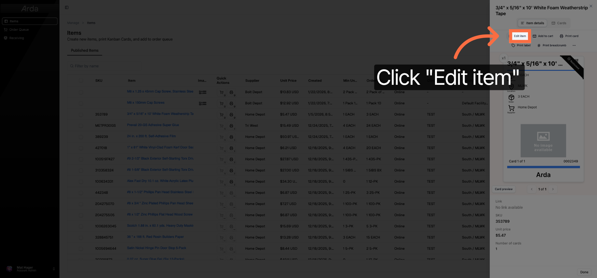 Click Edit Item Button